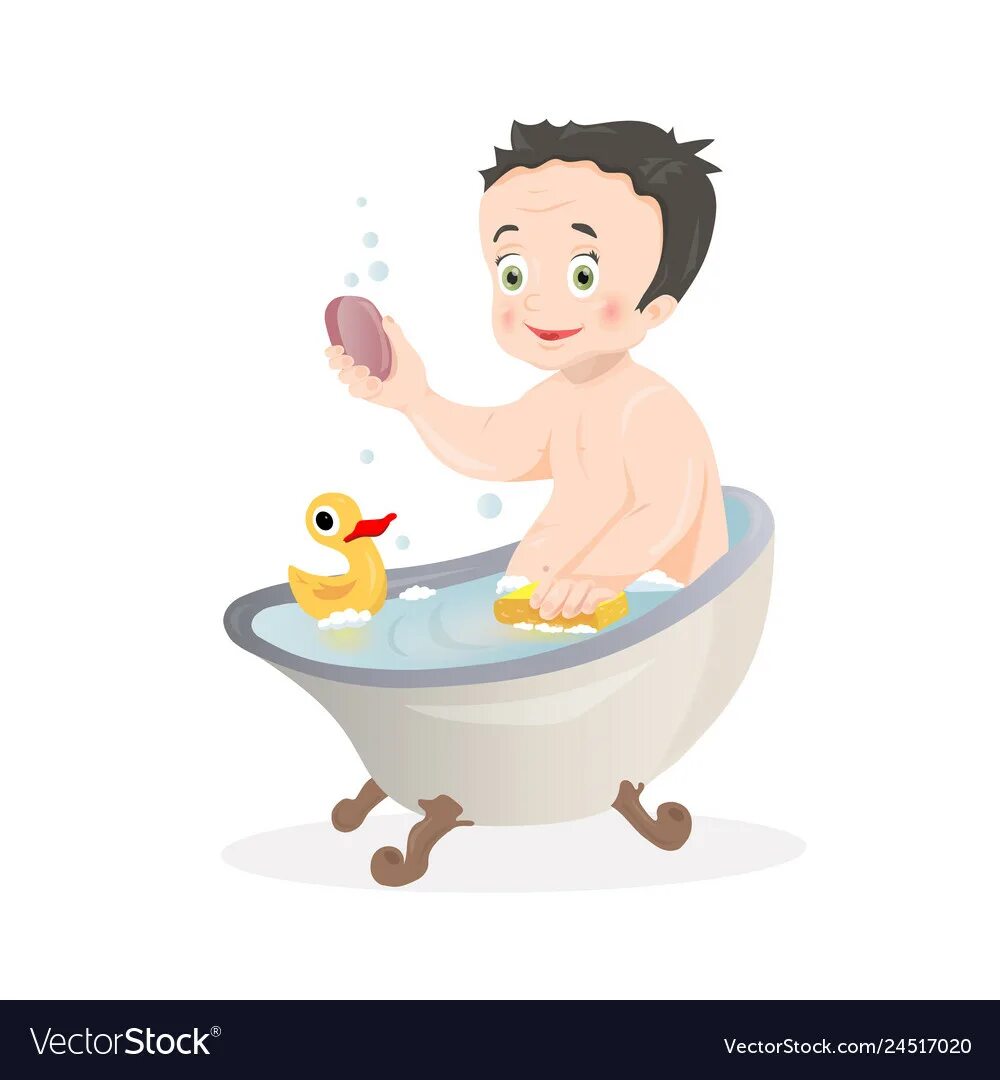 He has a bath. Дети моются в ванной. Мальчик в ванной мультяшный. Ребенок моется мочалкой. Малыш купается вектор.