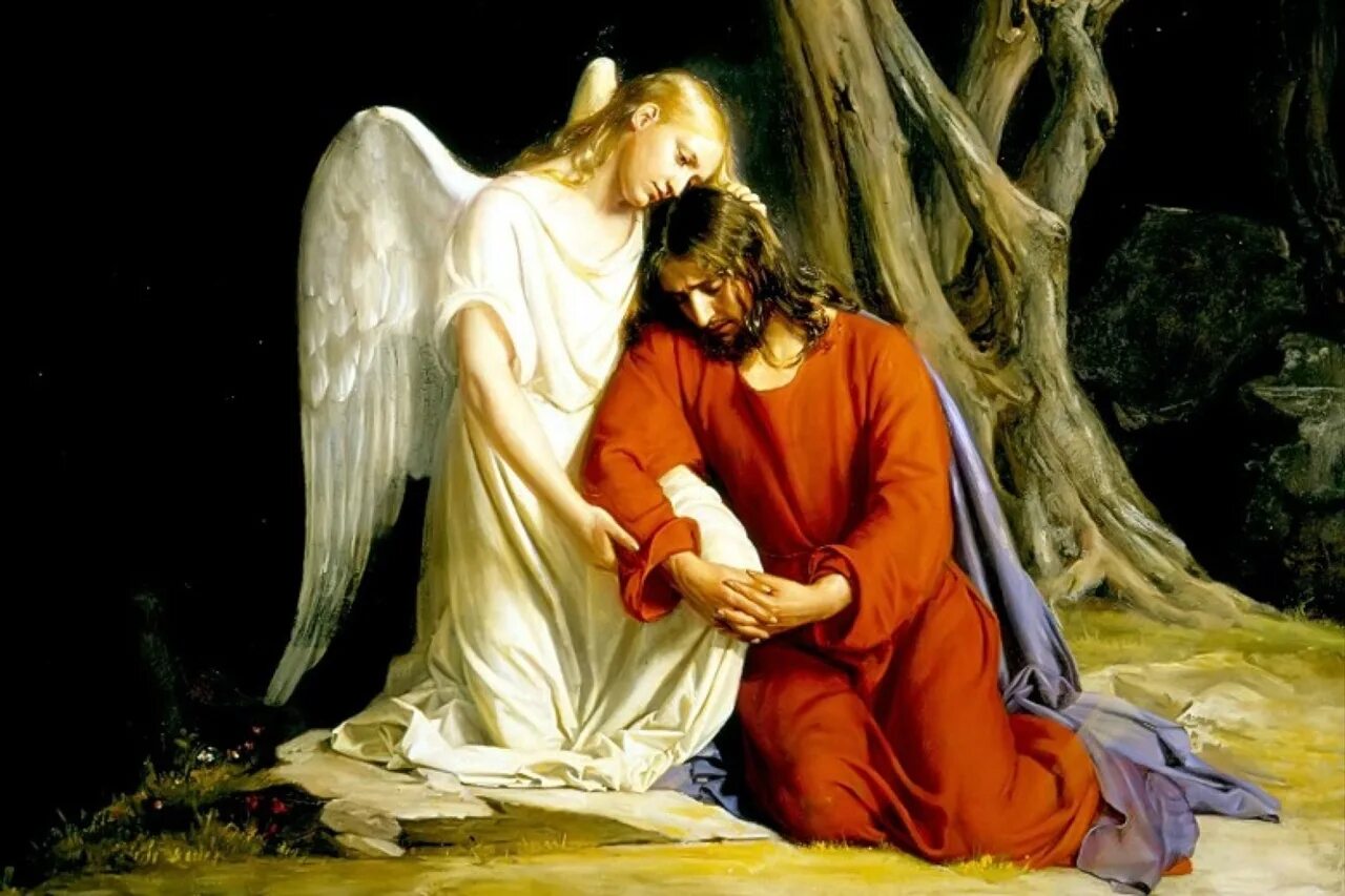 Ангелы святого человека. Христос в Гефсиманском саду. Иисус Христос утешает раскаявшегося грешника. Carl Bloch Иисус.
