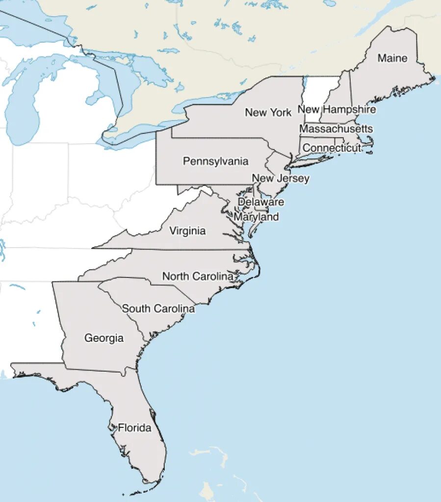Восточное побережье США на карте. Восточное побережье Америки на карте. Восточное побережье США штаты.