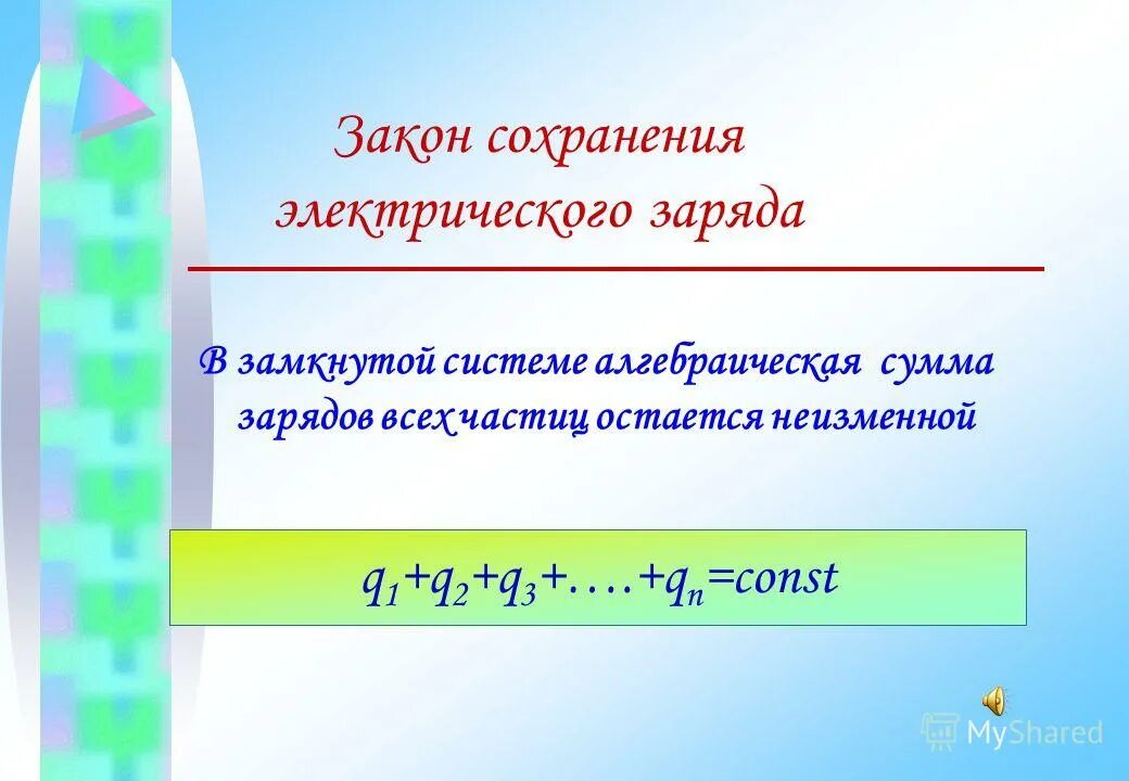 в замкнутой системе сумма всех зарядов