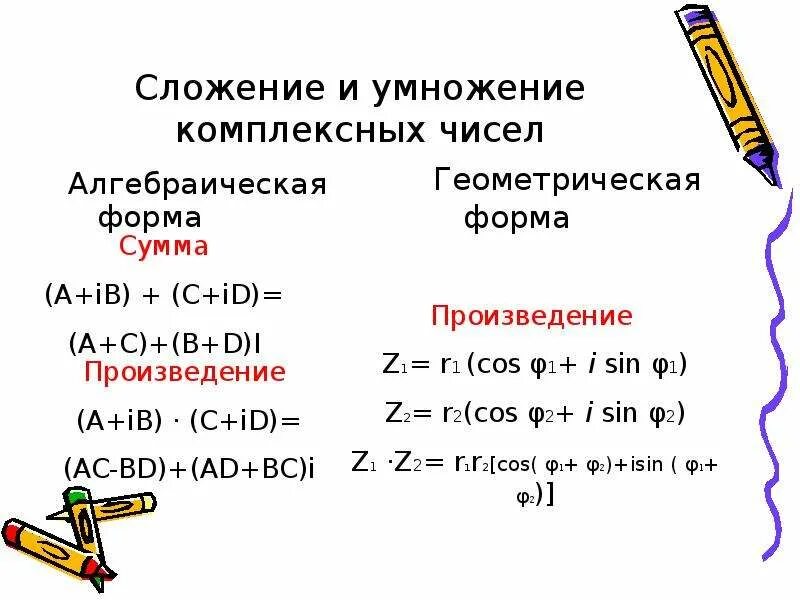 Произведение комплексных чисел формула. Сумма и разность комплексных чисел в алгебраической форме. сложение вычитание умножение комплексных чисел. формула сложения комплексных чисел. сложение и умножение комплексных чисел.