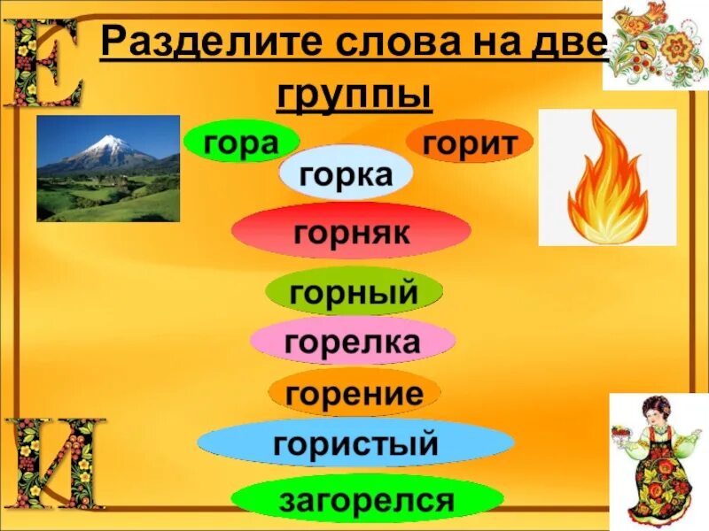 Корень слова 2 класс перспектива. Деление слов на группы. Родственные слова 2 класс презентация. Гореть и гора однокоренные слова. Родственные слова 2 класс.