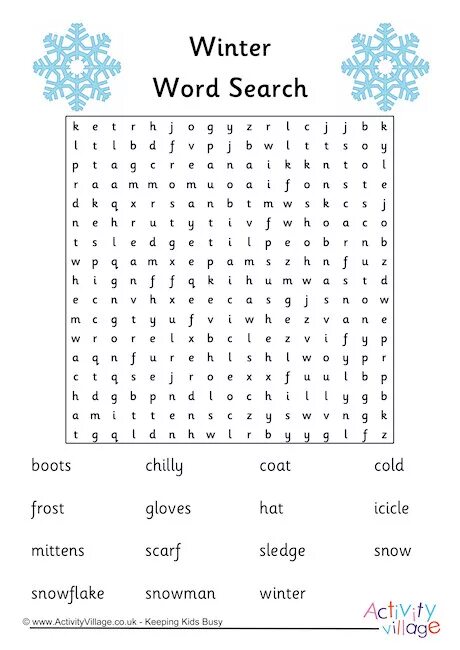 Snow words. Winter wordsearch for kids. winter activities wordsearch. winter word search. winter sport wordsearch.