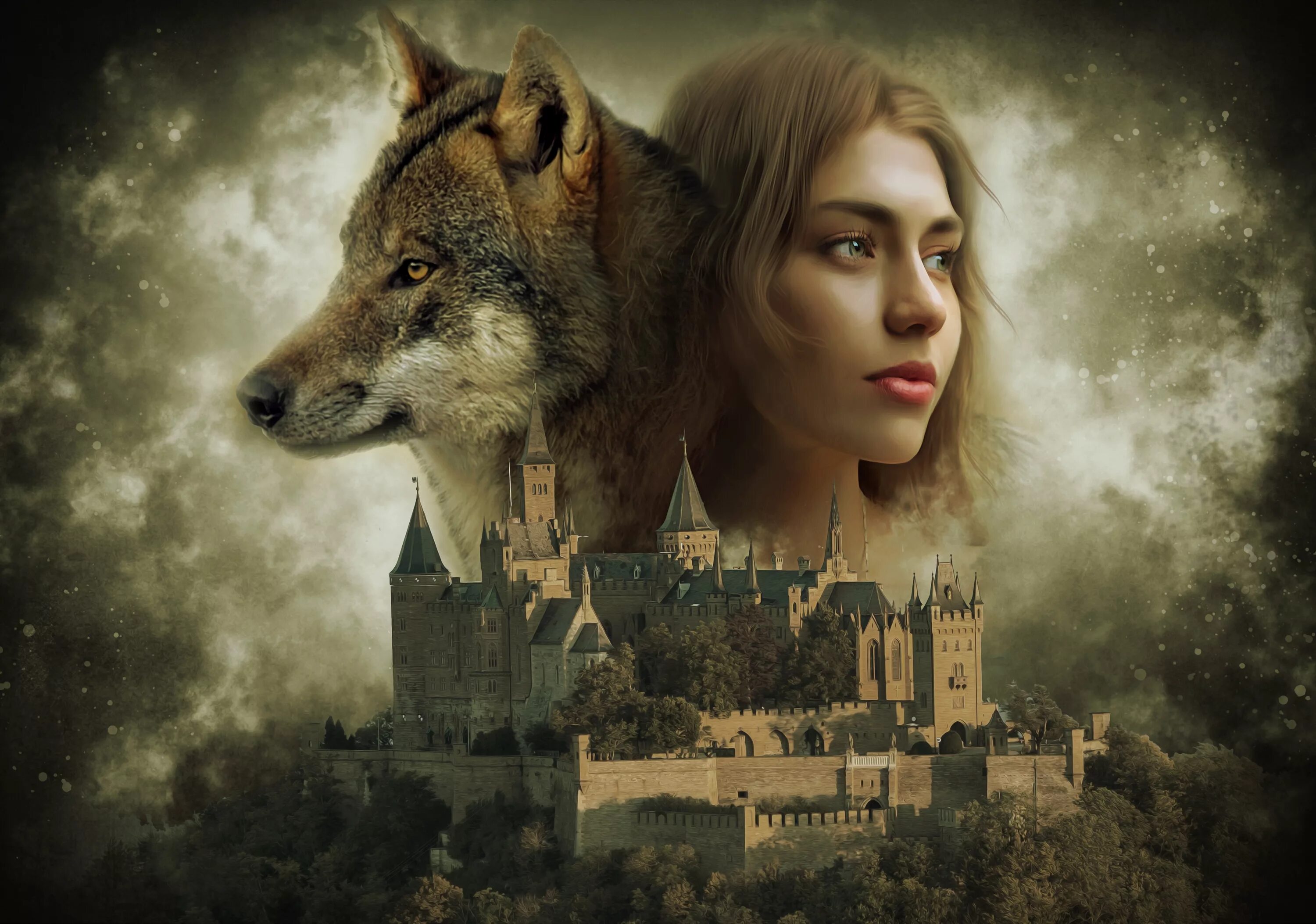 Обои на рабочий стол фэнтези. Wolf girl art. Девушка и волк фэнтези. Девушка с волком в зеленом платье. Волчья луна мельница.