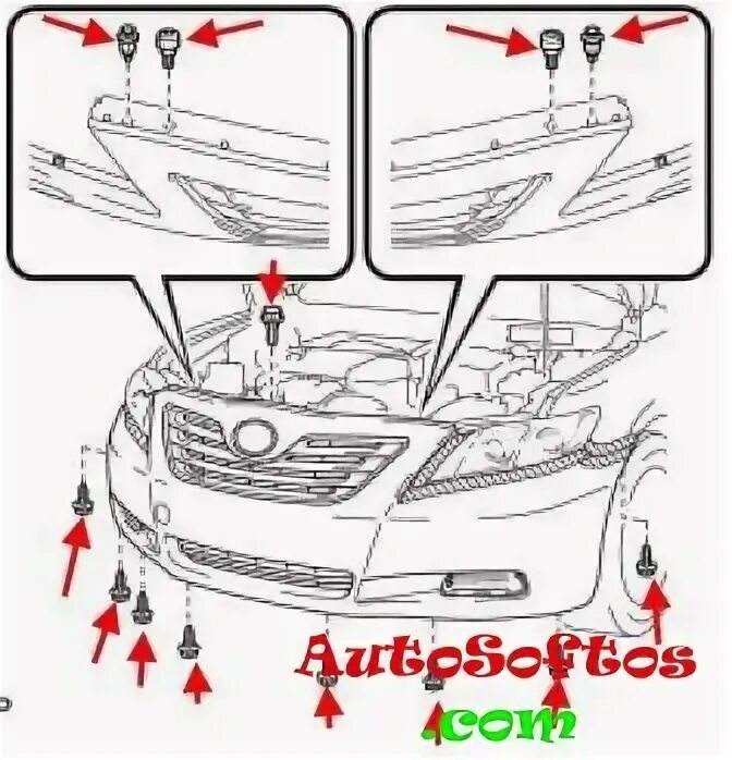 Как снять передний и задний бампер Toyota Camry XV40 (2006-2011)