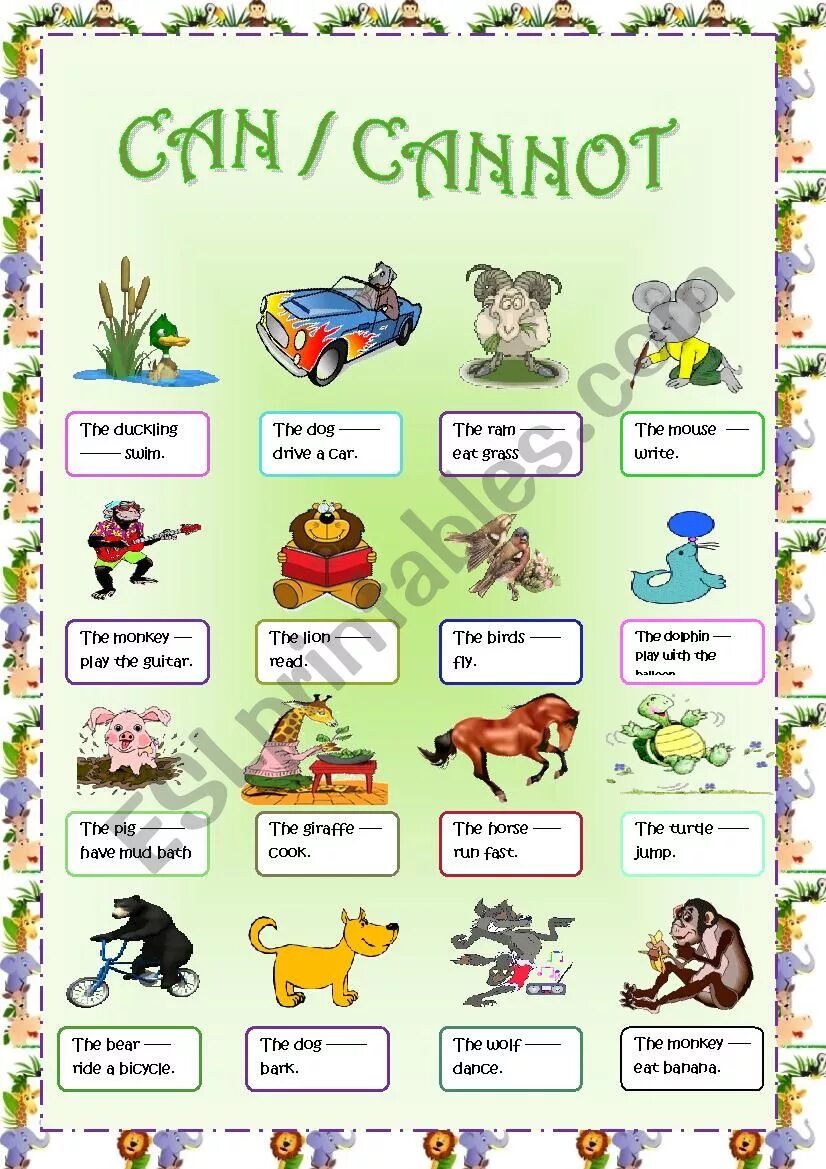 Wordwall i can. Английский животные can can't. Can can't Worksheets. Can can't Worksheets 2 класс. Can or can't ESL.