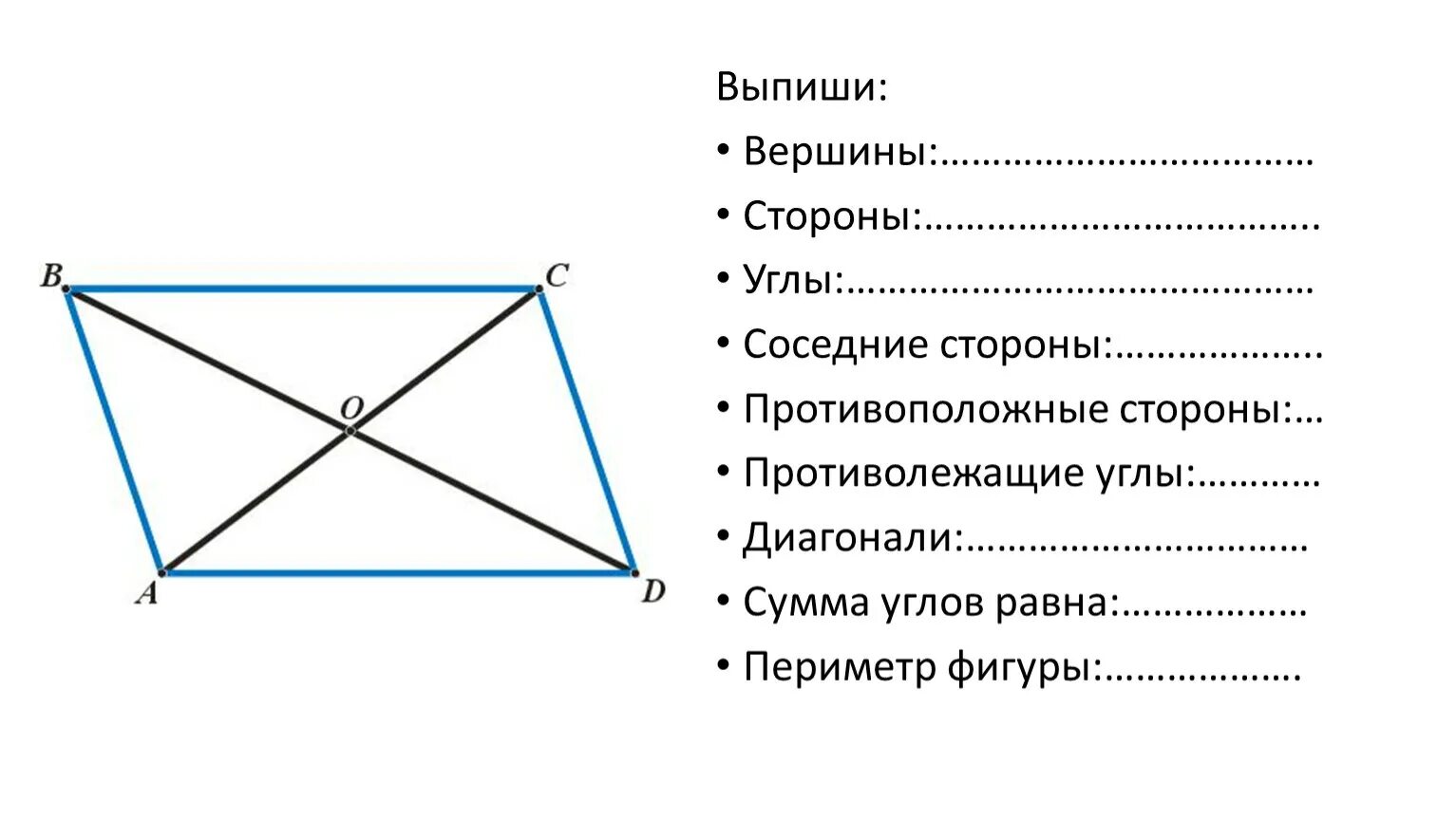 Противоположные вершины четырехугольника. Соседние вершины четырехугольника. Диагонали четырехугольника. Противоположные стороны и вершины четырехугольника.