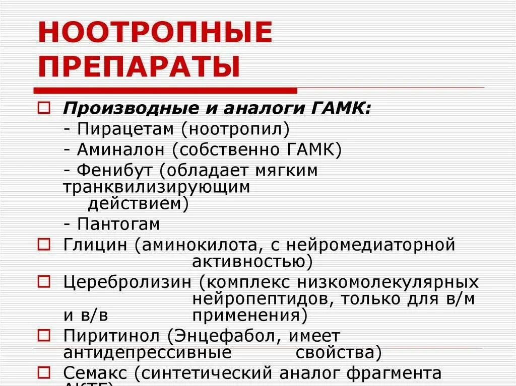 Производные ГАМК препараты. Ноотропные препараты. Хромотропные препараты. Гематропные препараты.