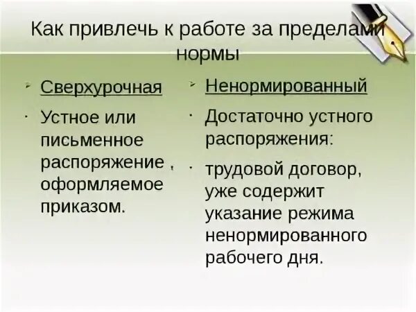 Ненормированный рабочий день таблица. Сверхурочная работа тк рф. 3. Критерии сравнения сверхурочной и ненормированной работы. Сверхурочная работа и работа в режиме ненормированного рабочего дня.