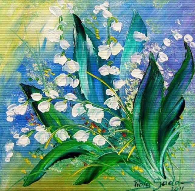 Подснежники мастихином акрилом. Польская художница Viola sado. Ландыши в живописи. Весенние цветы гуашью.