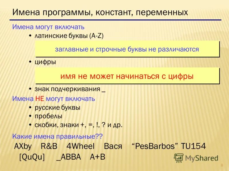 Использовать только латинские символы. Имена программы, констант, переменных. имя программы может включать. латинские символы и пробелы. имена программы, констант, переменных могут включать.