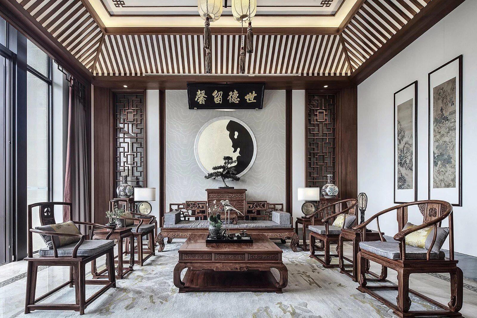 Китайская классическая. Древнекитайский интерьер. Xuande Hall чайный домик Китай. Стиль джапанджи интерьер. Китайский стиль в интерьере.