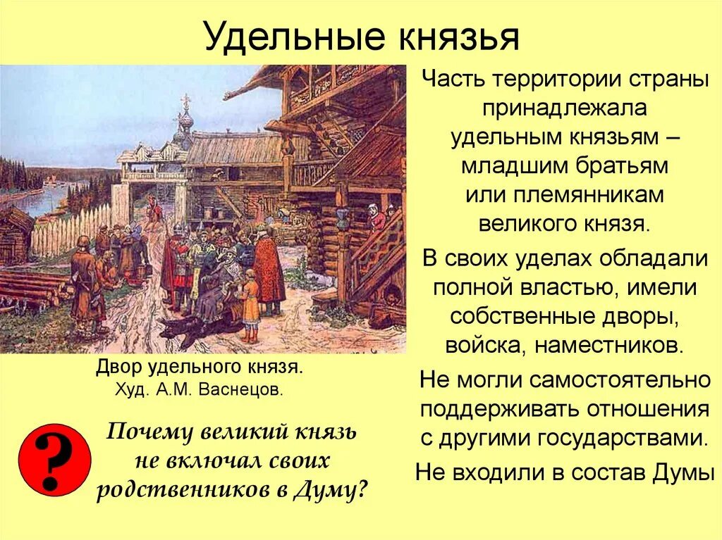 Определение понятия удельные князья. А.м васнецов двор удельного князя. удельный князь это в древней руси. удельные князья. удельные князья это в истории.