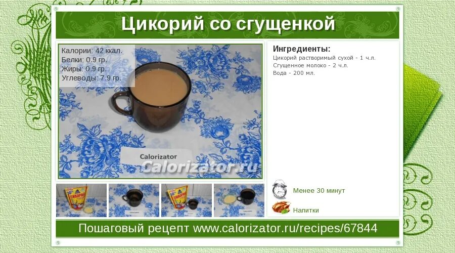 Сколько калорий в цикории с молоком