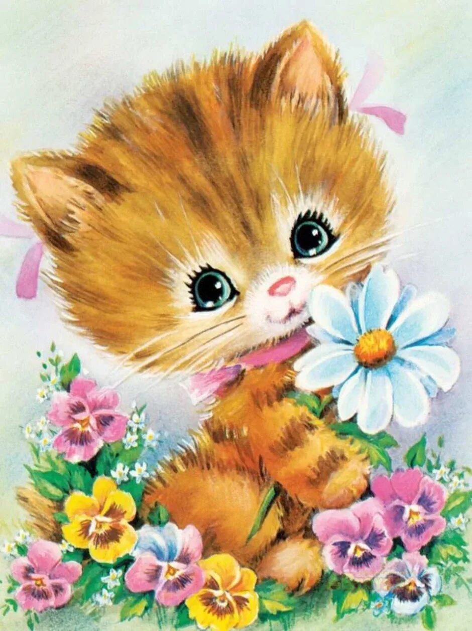 Открытка кот с цветами. Котенок с цветами. Открытки с котятами. Котик с цветочком. Котик дарит цветочек.