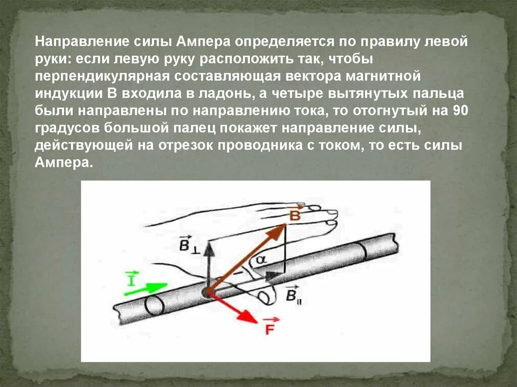 Правило лоренца и ампера. Направление силы Ампера определяется по правилу левой руки. Вектор магнитной индукции правило левой руки. Правило левой руки для силы Ампера и Лоренца. Направление силы Ампера правило левой руки.