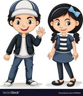 Asian boy and girl waving hello vector image on VectorStock.