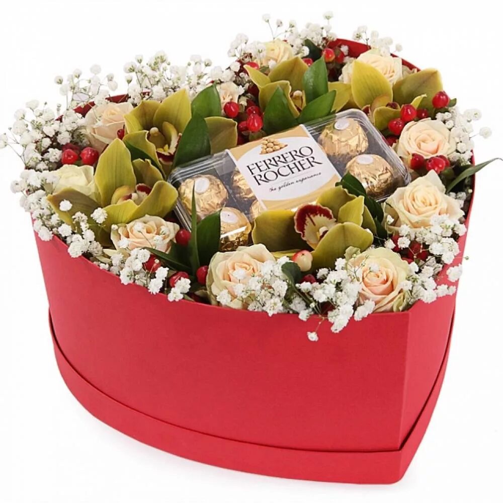 Подарки по цветам. Коробка с цветами и Ферреро Роше. Коробка сердце с Ферреро Роше и цветами. Коробка с цветами и конфетами. Сладкий букет в коробке.
