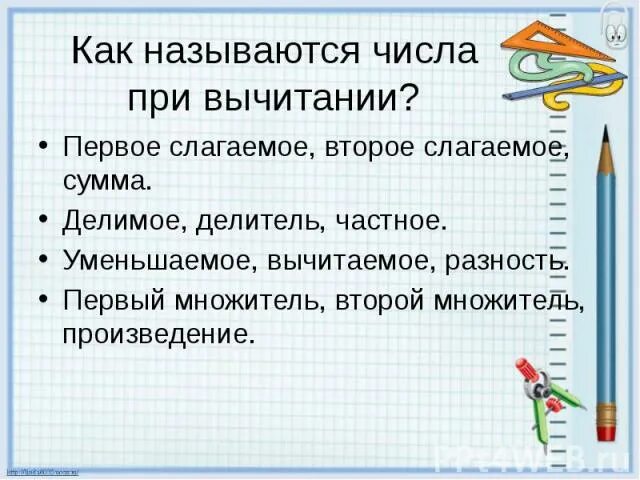 Как называется сумма двух чисел. Слагаемое уменьшаемое вычитаемое делимое делитель множитель. уменьшаемое вычитаемое делимое делитель. слагаемое слагаемое сумма уменьшаемое вычитаемое разность делимое. правило слагаемое слагаемое сумма вычитаемое разность.