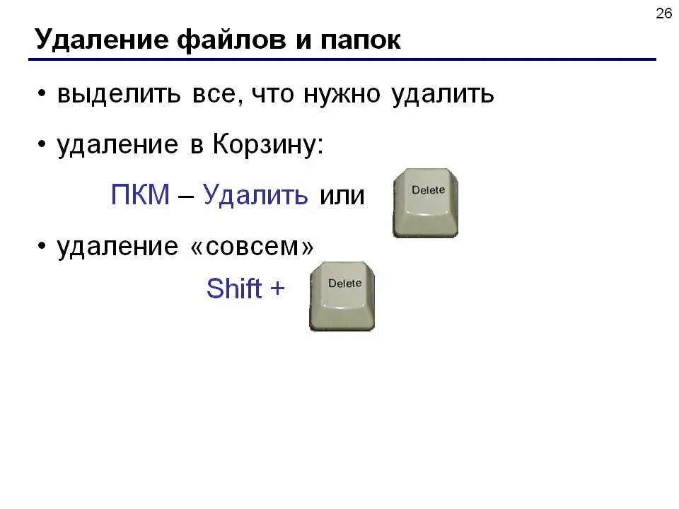 Удаление файлов и папок. Способы удаления файлов. Какие вы знаете способы удаления файлов и папок. Удаление файлов и папок можно осуществить с помощью команд.