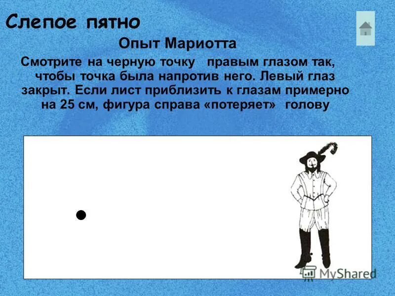 Функции слепого пятна глаза. Опыт Мариотта слепое пятно. Обнаружение слепого пятна опыт Мариотта. Слепое пятно глаза определение. Эксперимент слепое пятно глаза.