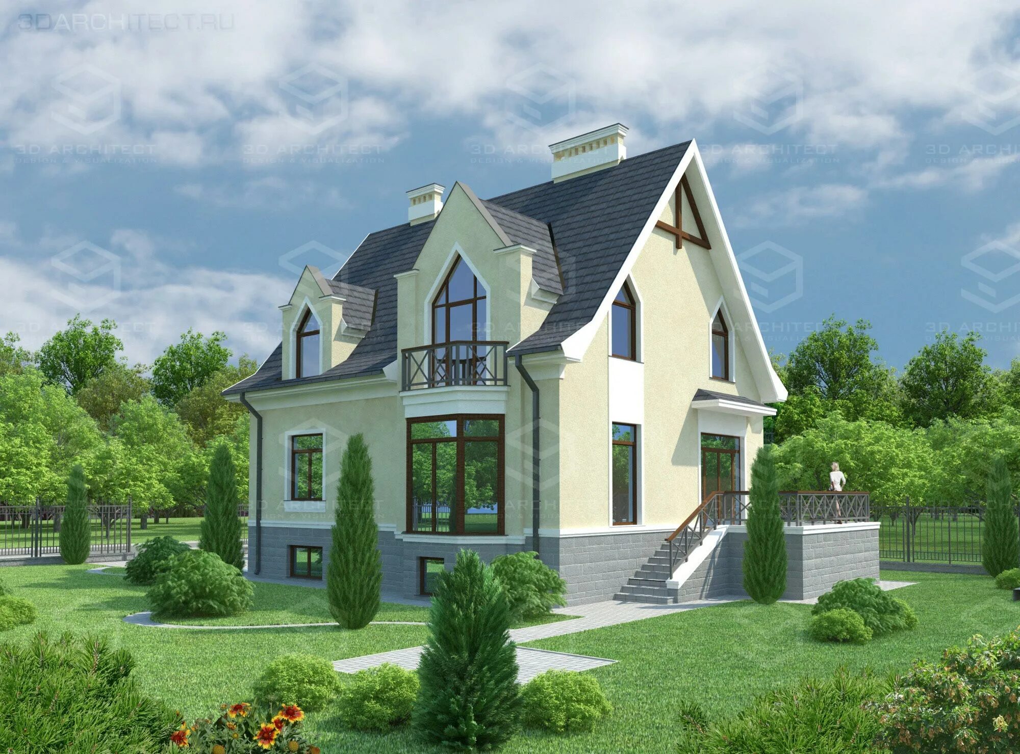 двухэтажные дома. м одноэтажный. дом с мансардой и террасой и гаражом 150м2.