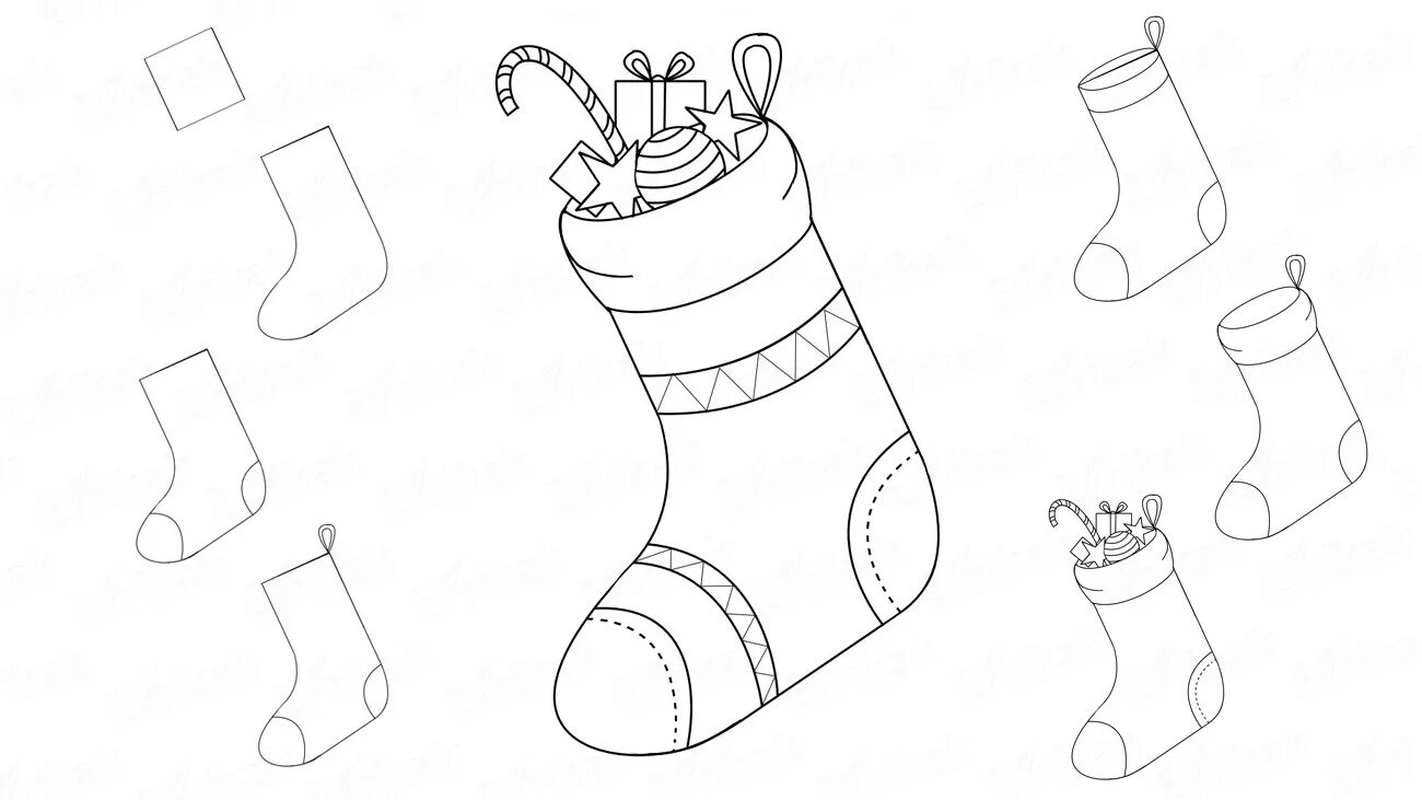Носочек пошагово. Новогодние рисунки для срисовки лёгкие. Новогодние носки раскраска. Новогодний носок раскраска. Новогодний сапожок раскраска.
