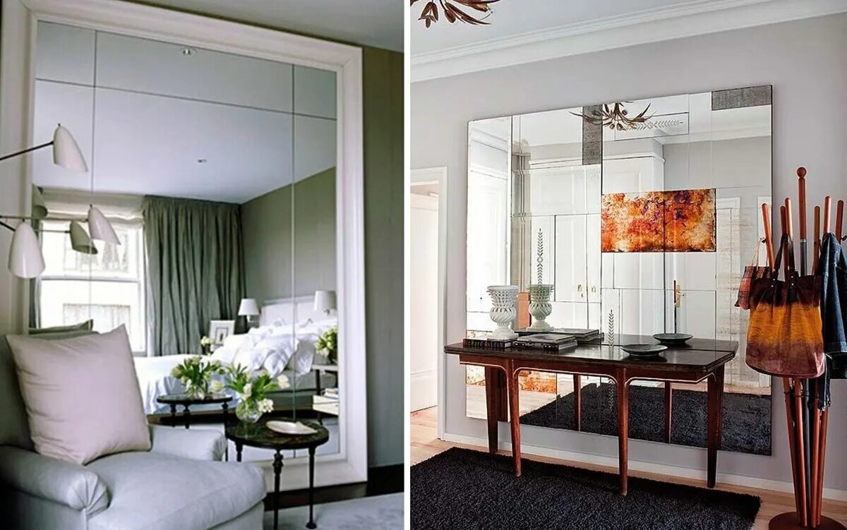 Увеличить окно можно. Зеркала в интерьере гостиной. Зеркальная стена в интерьере. Большие зеркала. Зеркало в кухне гостиной.