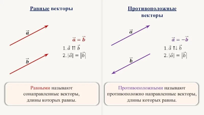 Векторы имеющие равные модули. Сонаправленные и противоположно направленные векторы. векторы сонаправлены противоположно направлены. равные сонаправленные противоположно направленные векторы. противоположные векторы равны.
