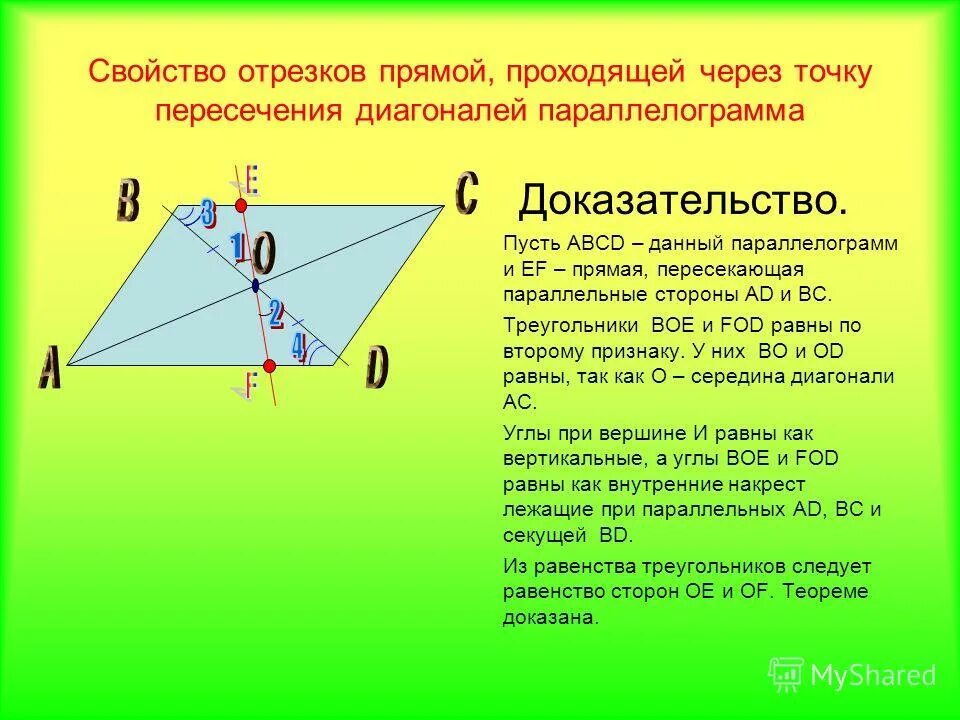 Докажите что через. Прямая через точку пересечения диагоналей параллелограмма. Через точку пересечения диагоналей параллелограмма проведена прямая. Точка пересечения диагоналей параллелограмма. Отрезок через точки пересечения диагоналей параллелограмма.