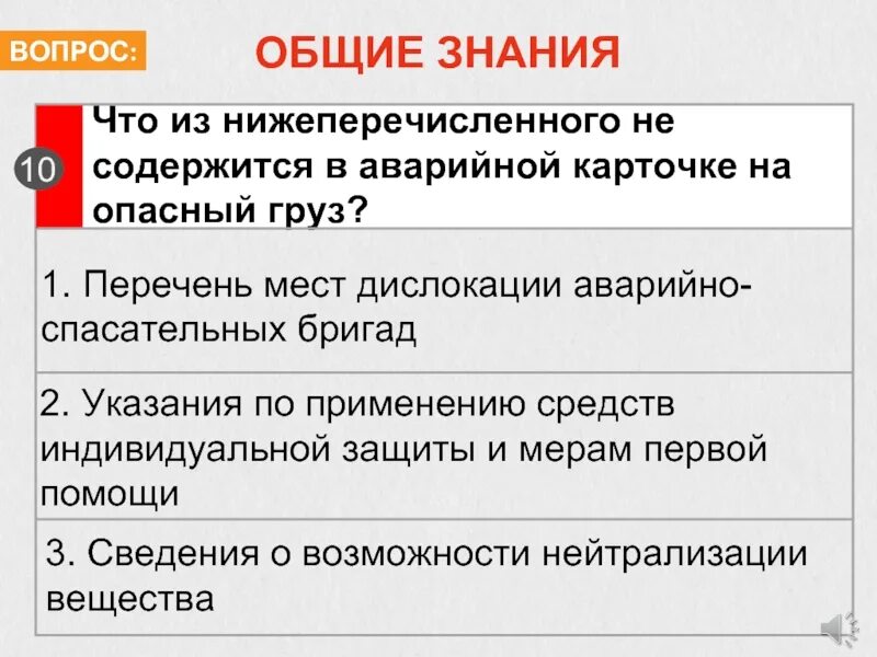 Общие знания. Что содержится в аварийной карточке. Что из нижеперечисленного. Вопрос на Общие знания.