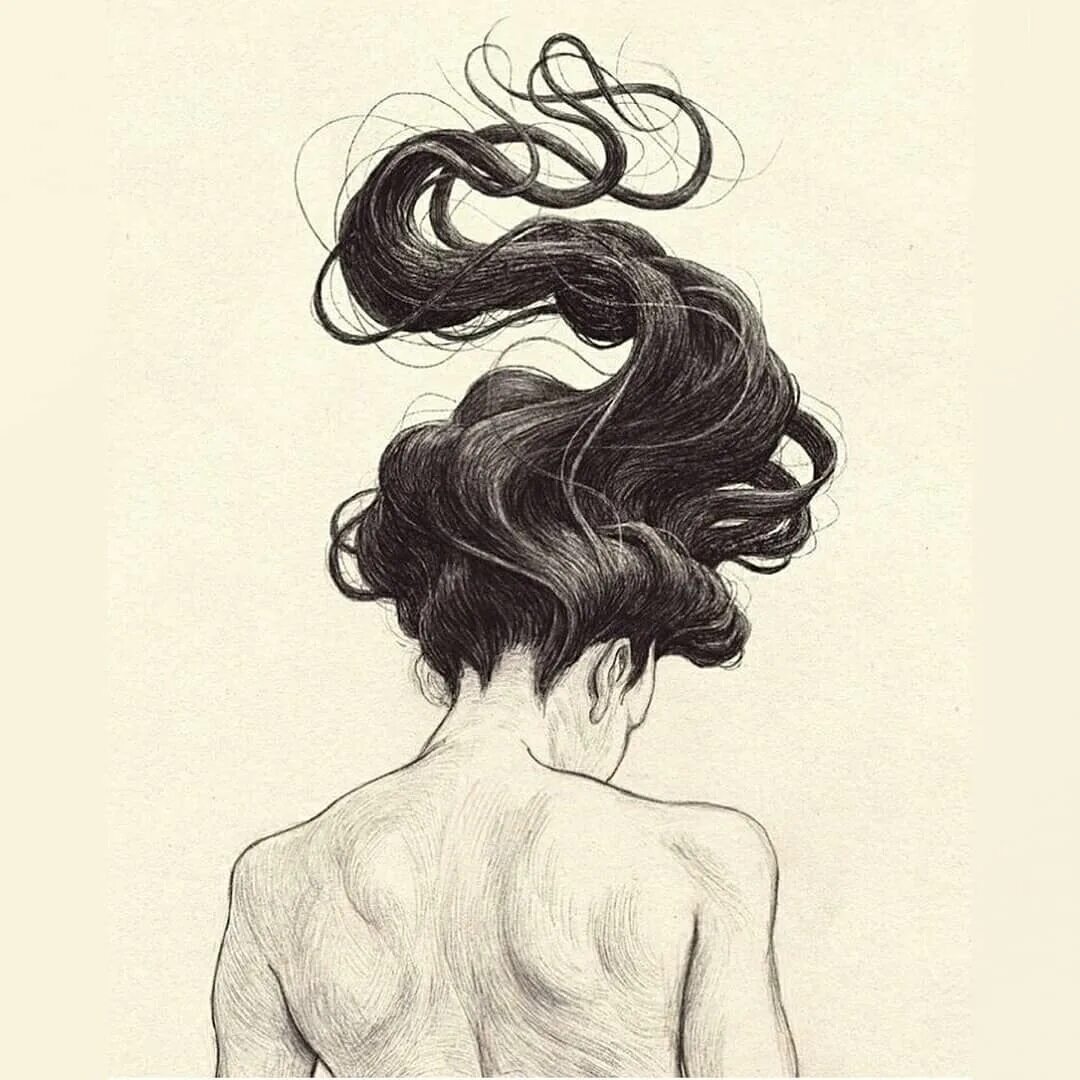 Длинные рисунки. Chamo San художник. Девушка со спины набросок. Эскиз волос девушки. Рисунок волосы девушки.