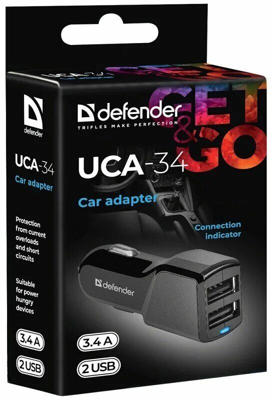 Автомобильный адаптер Defender Uca-34, черный, 2xusb, 5v/3.4а (1/100). З.У. Defender Uca-34 2usb 5v/3.4a автомобильное. Авто зарядка Defender (83834)Uca-34 2xusb, 5v / 3.4a. Автомобильное ЗУ Defender Uca-31 2xusb, 5v/3.1а (1/50).