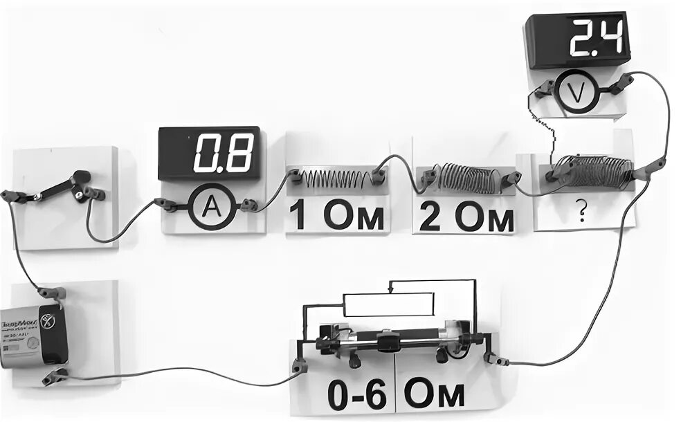 Цепь с резистором и вольтметром. Сопротивление неизвестного резистора. Показания вольтметра. Полная цепь три резистора с вольтметром и амперметром.