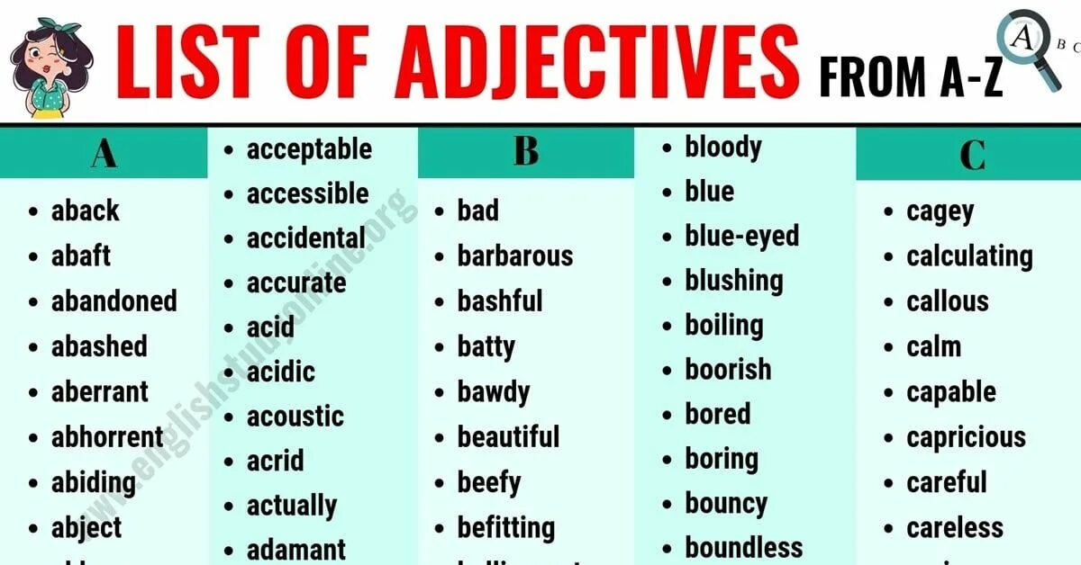 Common adjectives. Adjectives in English. List of adjectives. List of adjectives in English. Five adjectives