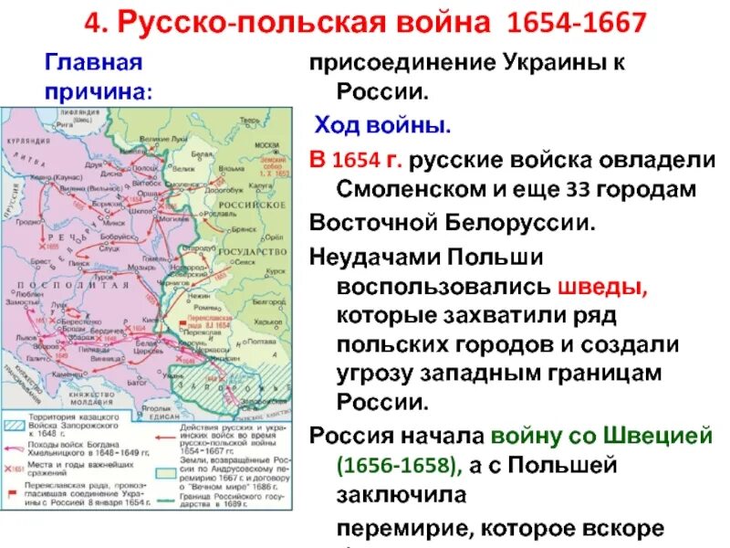 Войны с речью посполитой таблица. Русско-польская 1654-1667 причины. Повод русско польской войны 1654-1667 ход.