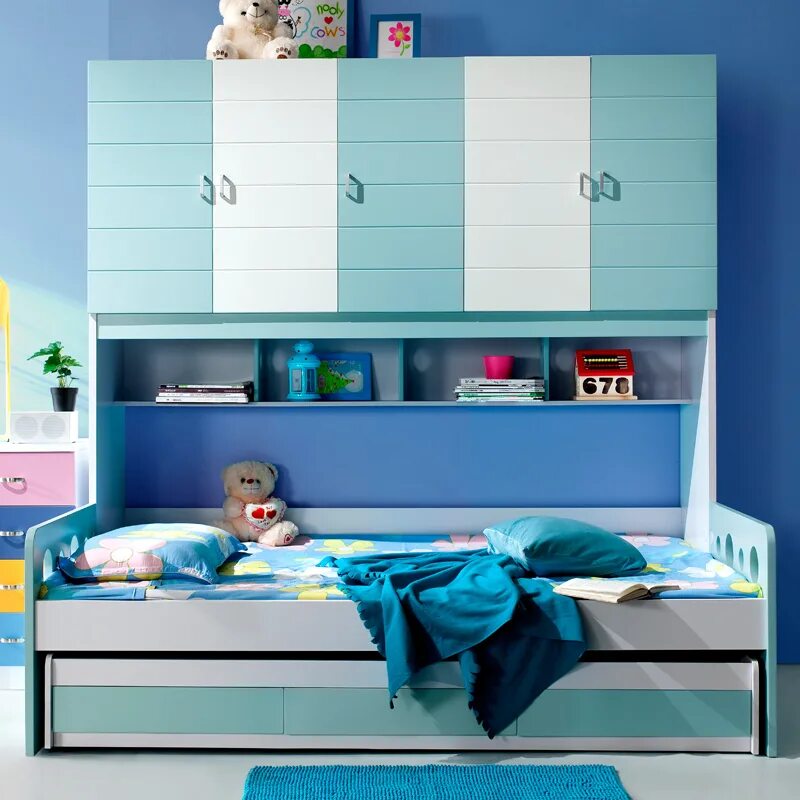 Детская кровать с полками сверху и ящиками. Детская кровать с полками и шкафчиками. 03. Кровать для подростка. Кровать денди 1950х850х650 мм.