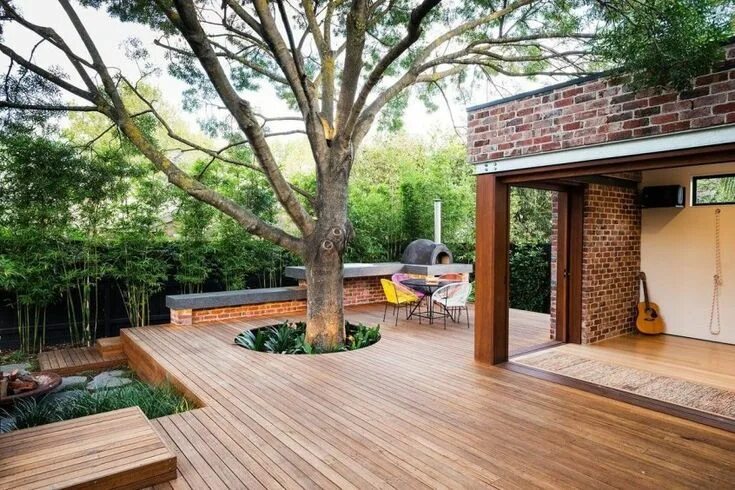 Decking around tree Wood deck designs, Backyard, Backyard plan