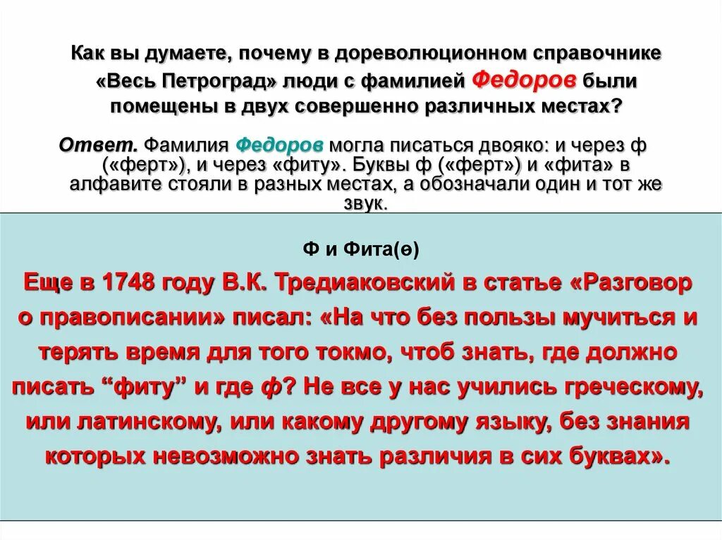 Фита звук. Фамилия Федоров. Почему в дореволюционном Справочнике весь Петроград фамилии Федоров. Фамилия Фёдоров что может означать. Почему фамилия Фёдоров до 1918 года стояла в разных местах алфавита.