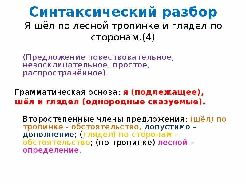 Пошел предложение. Я шёл по Лесной тропинке и глядел по сторонам синтаксический разбор. Грамматическая основа в синтаксическом разборе. Синтаксический разбор подлежащее. Сторонам синтаксический разбор.