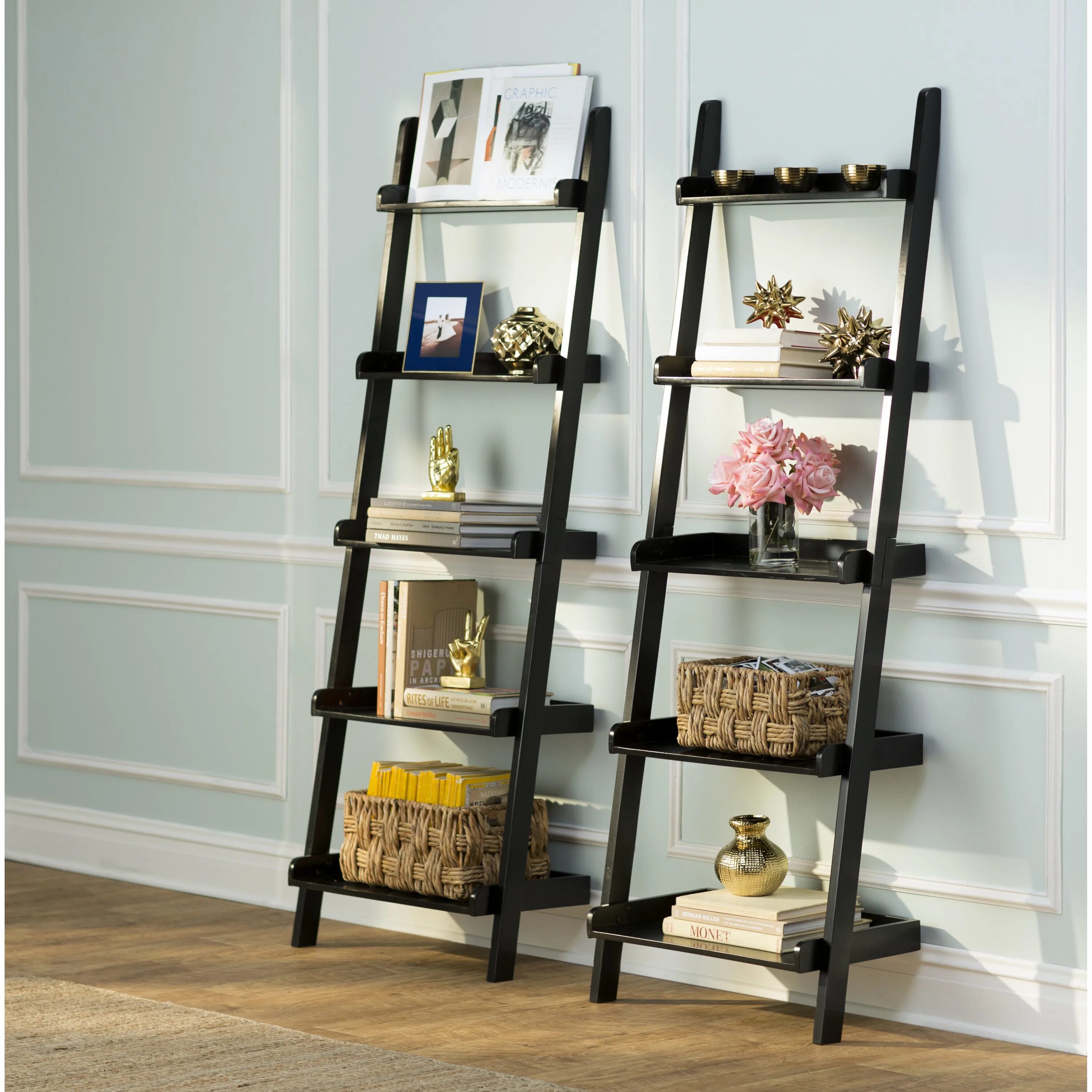 Two shelves. Leaning Ladder Decor.