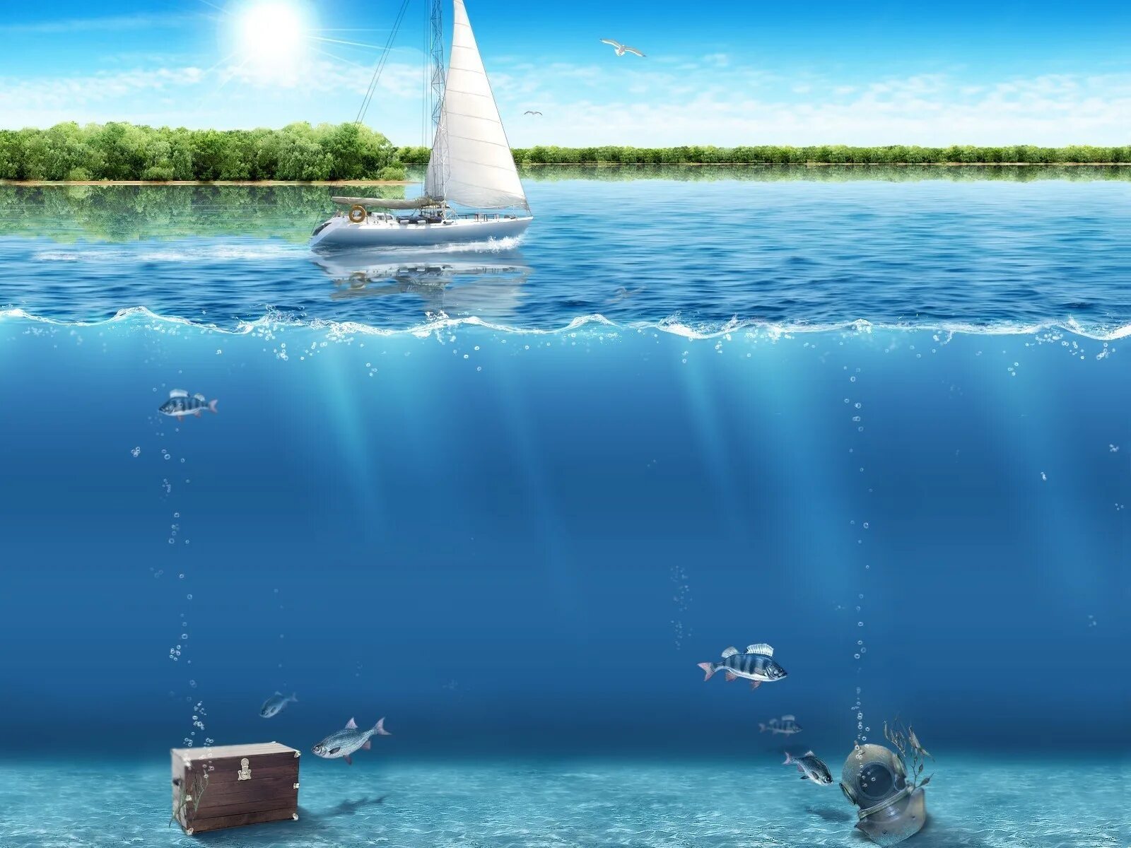 Над водой и под водой. Морская тематика. Море под водой. Корабль из под воды. Волна от парохода плывущего