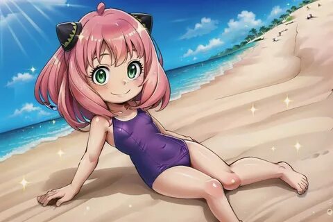 happy with floats, full body, wearing swimsuit, sunbathing, in beach with o...