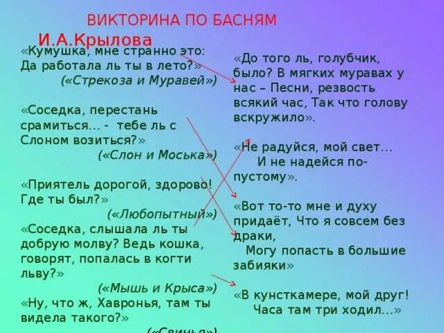 Кумушка басня. Вопросы по басням.