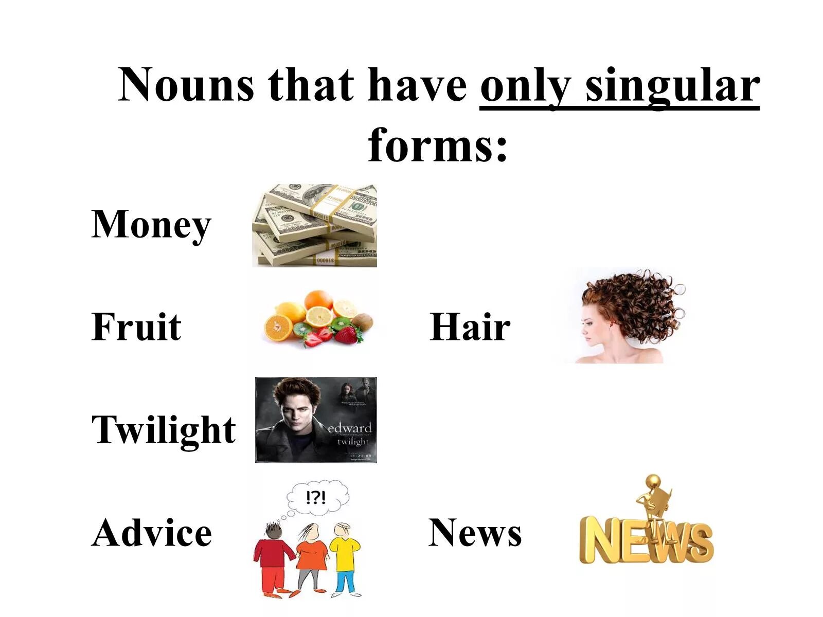 Forms of money. Nouns only in singular. Only singular Nouns. Always singular Nouns. Always singular and plural Nouns.