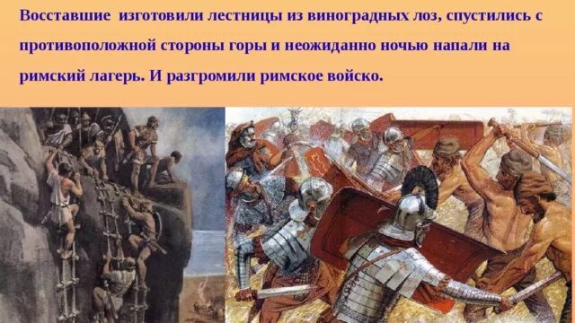 Какие утверждения верны ядром войска восставших. Восстание Спартака лестницы из лозы. Первая победа Спартака над римскими войсками. Начало разложения армии восставших армии Спартака. Открытый урок в 5 классе восстание Спартака.