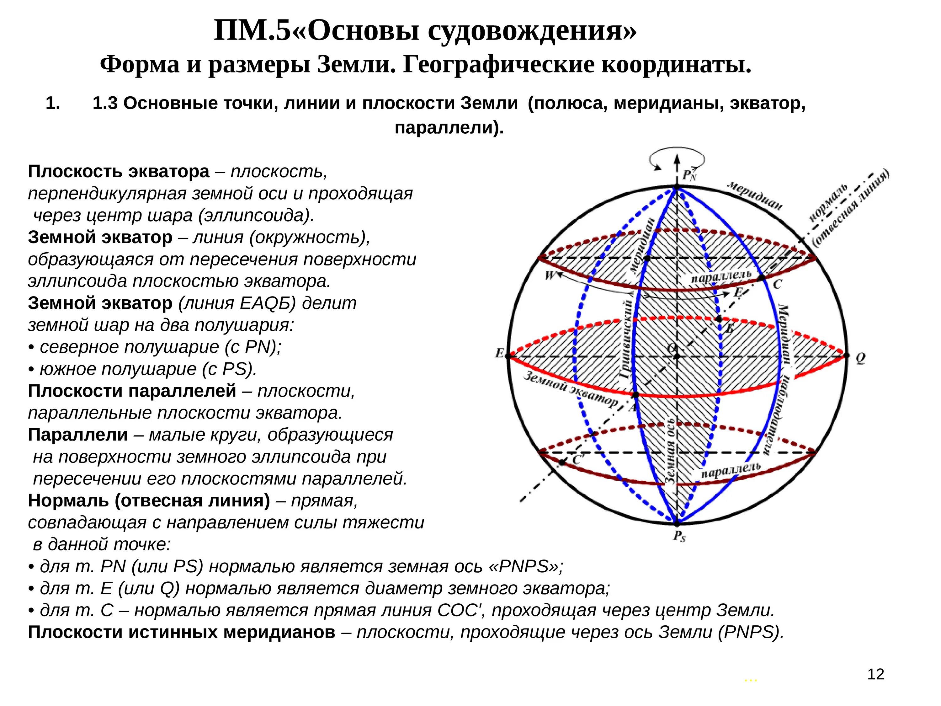 Основные линии и плоскости земли. Основы судовождения формы и размер земли основные точки и линии. Плоскость экватора. Географическая система координат. Отвесная прямая линия