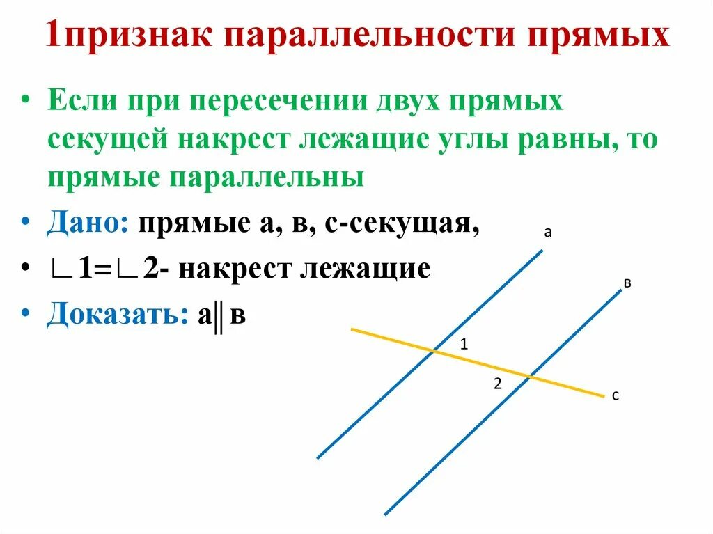 Доказательство признака параллельности двухтпрямых накрест лежащие. Доказательство признака параллельности двухтпрямых накрест лежа. Признаки параллельности прямых двух прямых. Признак параллельности прямой накрест лежащие углы. Основной прямой признак