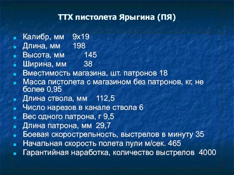 ТТХ пистолета Ярыгина 9 мм таблица. ТТХ пя 9мм Ярыгина.