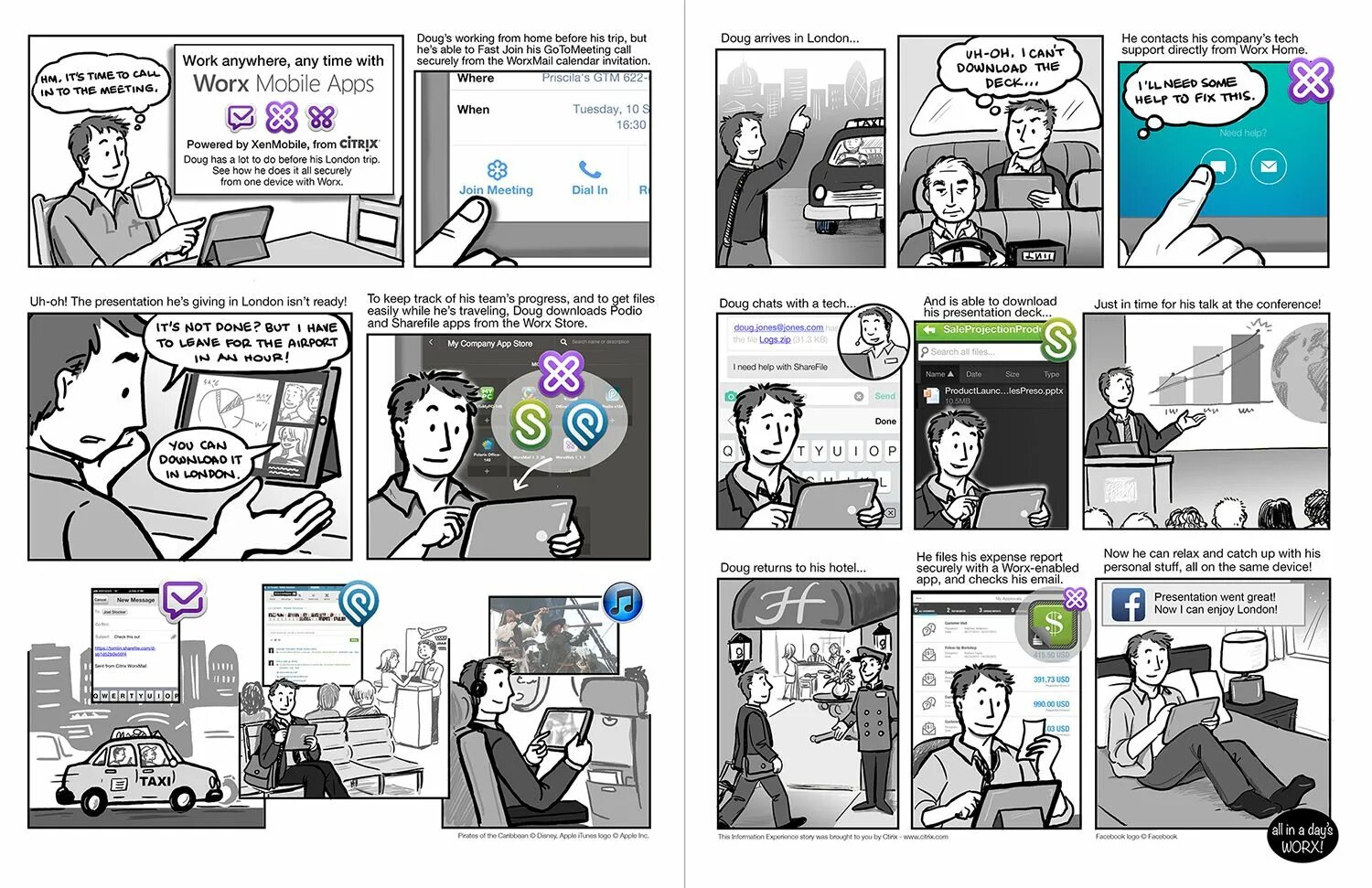 User scenario. Деловой стиль комикс. Citrix XENMOBILE. Сториборд бизнес продукт.